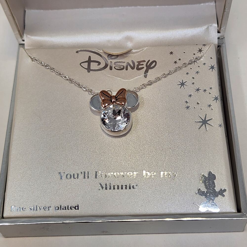 Disney Minnie Mouse You'll Forever Be My Minnie Crystal Necklace Silver Plated